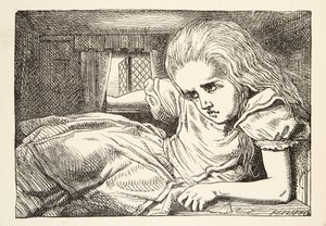 Alice bliver for høj til rummet, fra Alices Adventures in Wonderland af Lewis Carroll (1832 - 98), pub. 1891 af John Tenniel